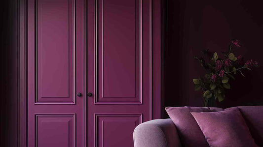 A living room with purple decor and paint at Red Star Paint near Montclair, NJ.