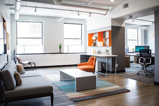 Open floor plan living room and office with orange accent colors near Montclair, New Jersey (NJ)