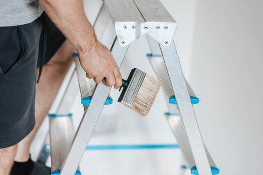 a man on a step ladder holding a paint brush