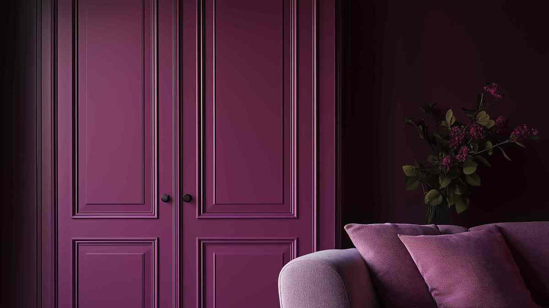 A living room with purple decor and paint at Red Star Paint near Montclair, NJ.
