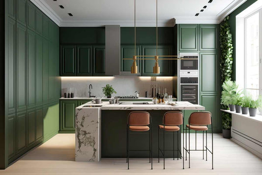 Kitchen with green painted cabinets