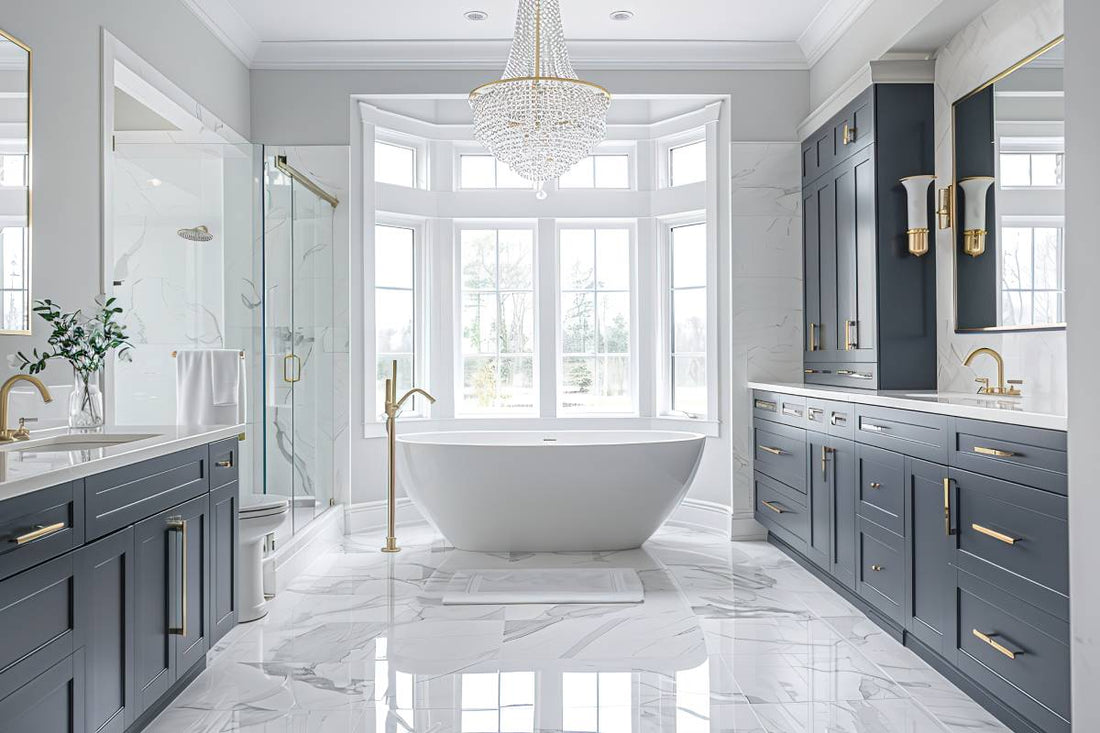A luxury bathroom with dark cabinetry and a bay window near the bathtub