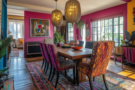 A colorful dining room with bright walls and matching chairs at Red Star Paint near Montclair, New Jersey
