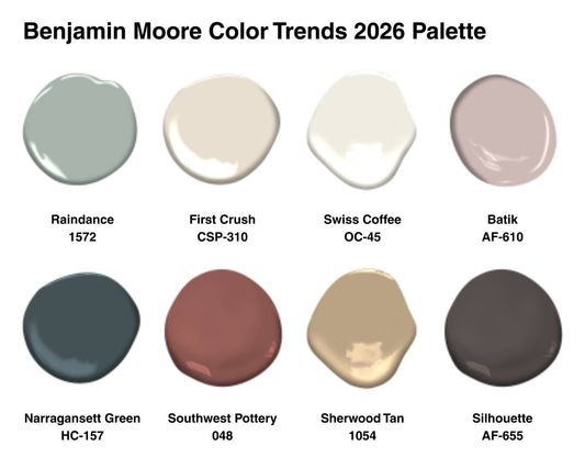 Concept swatches for the Benjamin Moore Color Trends 2026 at Red Star Paint near Montclair, New Jersey